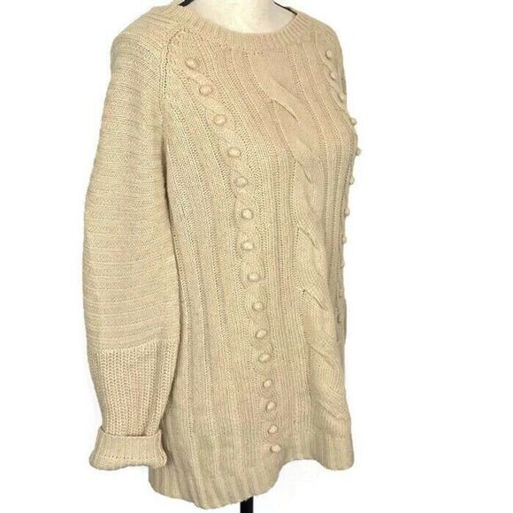 LoveRiche Cable Knit Sweater Crewneck Tunic Beige Long Sleeve Size Medium - Picture 2 of 7